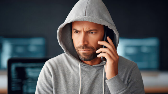 A hooded individual makes a secretive phone call in a cybercrime-themed workspace. Surrounded by screens and blue-green reflections, the scene exudes intense digital fraud tension.