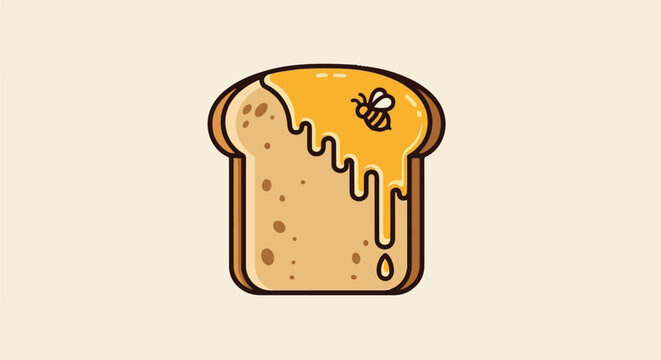 A stylized slice of toast is covered in dripping honey with a small bee on top