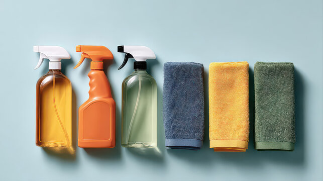 A photorealistic row of colorful cleaning products and microfiber cloths on a blue background. Minimalist composition highlights vibrant bottles for a fresh hygiene concept.