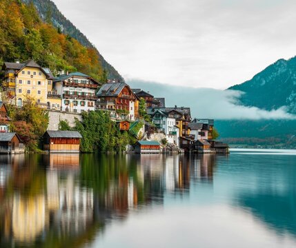 Picturesque Autumn Landscape of Hintersee Lake with Vibrant Foliage and Mountains