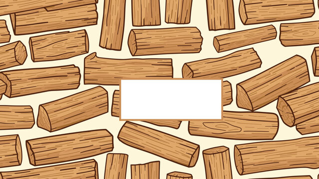 Seamless pattern of brown wooden logs surrounding a central white rectangular frame for text or logo placement in wood theme.