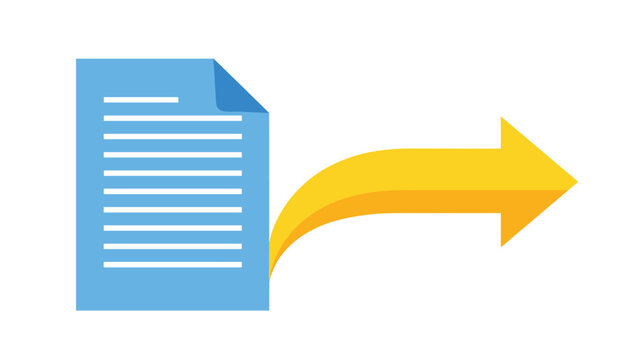 Symbolic illustration of a blue document file being moved or exported shown with a large curved yellow arrow pointing right.