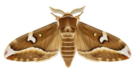 Fototapeta premium Detailed Macro Shot of a Brown Silk Moth Isolated on White Background - Callosamia promethea Species