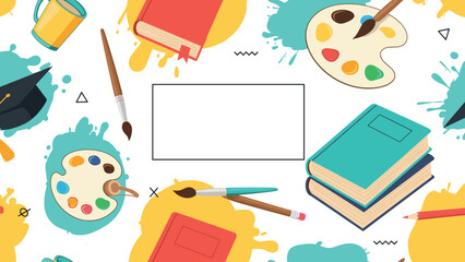 Fototapeta premium Creative background pattern featuring books, paint palettes, brushes, and graduation caps with a white central copy space area.