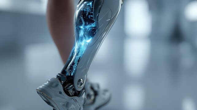 A high-tech bionic leg with glowing circuitry and futuristic mechanics is featured. The cybernetic limb showcases cutting-edge prosthetic technology in a sleek design.