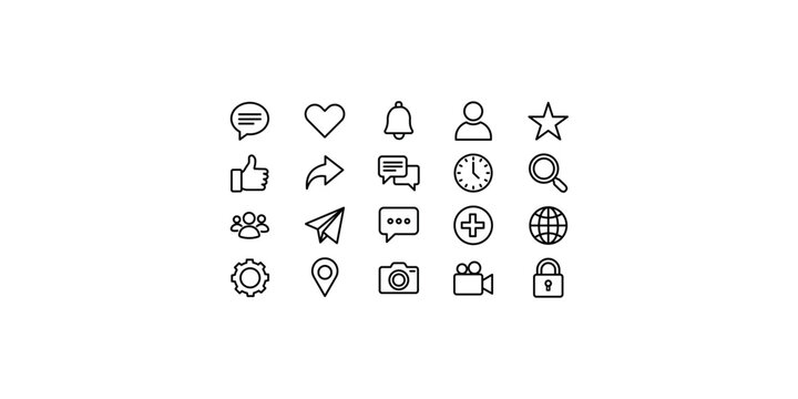 Set of twenty vector line icons representing common user interface elements and web symbols.