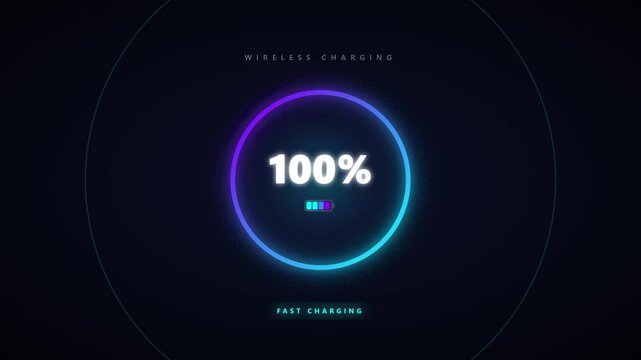 Sleek circular interface showing wireless charging progress at 100 percent
