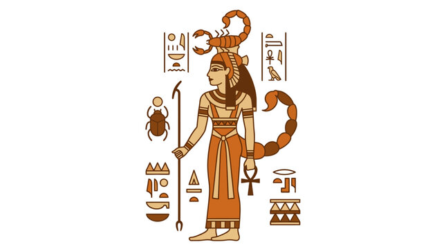 Ancient Egyptian Goddess Serket with Scorpion Headdress and Hieroglyphs
