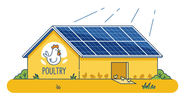 Poultry farm with solar panels on the roof, illustration