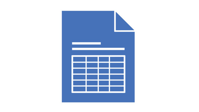 Simple blue icon representing a spreadsheet document or data table file with white lines and grid cells for office organization.
