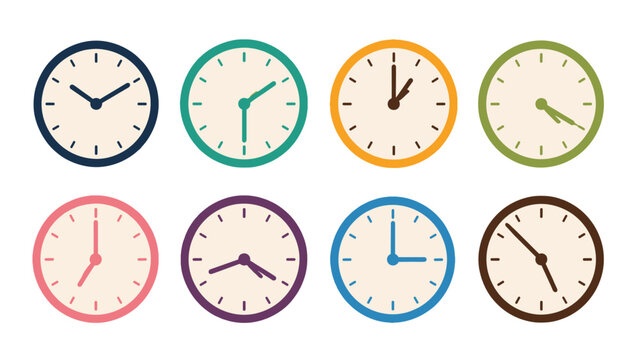 Set of colorful round wall clocks in flat vector style