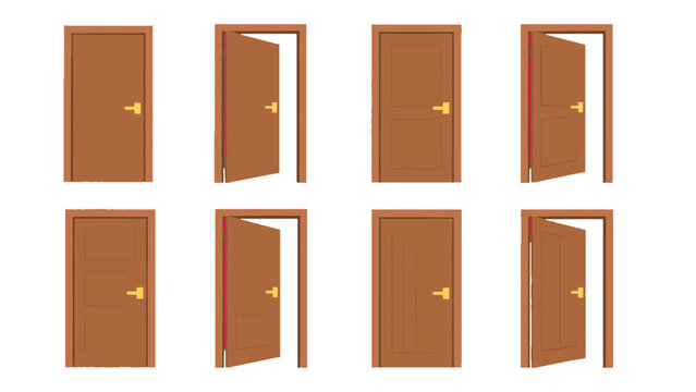 Set of brown wooden doors in closed and open positions