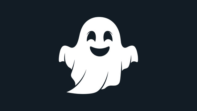 Happy white ghost character with a smiling face floating against a dark navy blue background for halloween celebration.