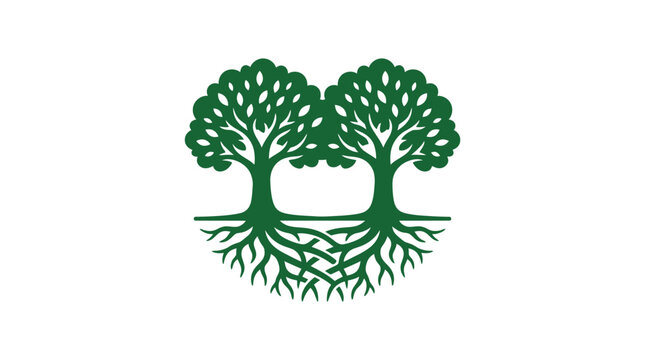 Two intertwined trees with roots forming a heart shape, symbolizing love, unity, and growth.
