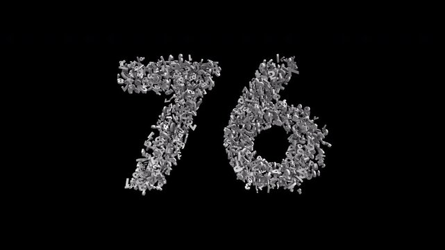 Number 76 Formed by Small Digits Animation with Alpha Channel. Typographic Number Formation Effect. Digital Number Made of Numbers. 3D Font Typographic Animation. Transparent BG