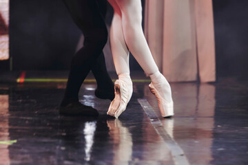 Ballet dancers couple during performance repetition, classic ballet rehearsal practicing in ballroom, view of legs in pointe shoes, ballerina and ballet dancer on a concert hall theatre stage floor © tsuguliev