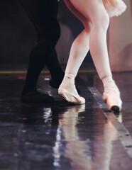 Ballet dancers couple during performance repetition, classic ballet rehearsal practicing in ballroom, view of legs in pointe shoes, ballerina and ballet dancer on a concert hall theatre stage floor © tsuguliev