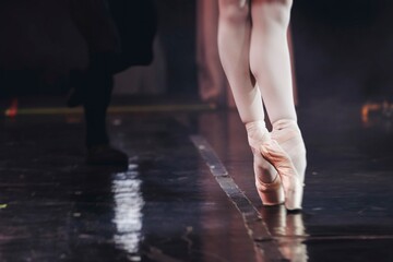 Ballet dancers couple during performance repetition, classic ballet rehearsal practicing in ballroom, view of legs in pointe shoes, ballerina and ballet dancer on a concert hall theatre stage floor © tsuguliev
