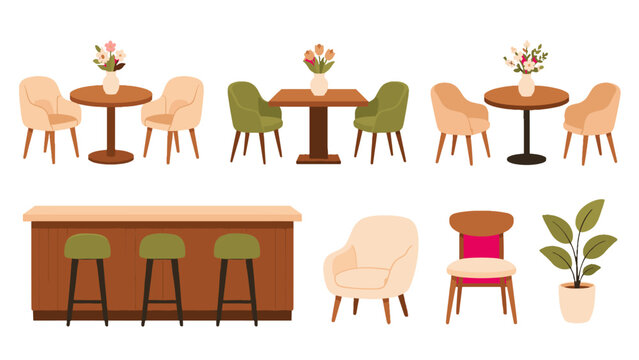 Set of cafe furniture with tables chairs bar counter and plant