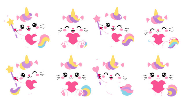 Cute unicorn cat characters with hearts and magic wands set