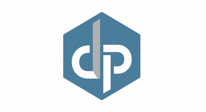 Blue hexagon with white "dp" letters and gray vertical bar