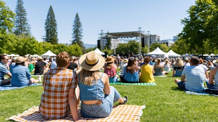 Obraz premium People enjoying an outdoor concert on a sunny day, sitting on blankets on the grass