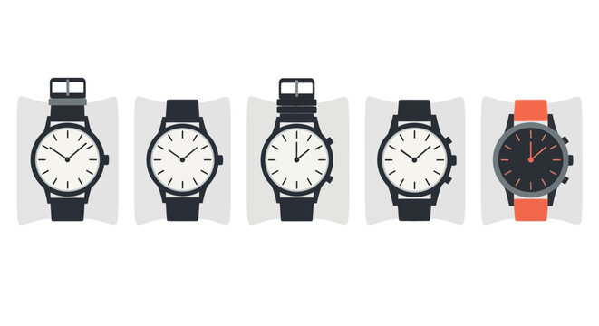 Collection of Five Wristwatches, Different Styles, Isolated on White