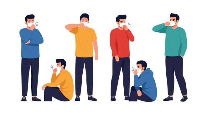 Group of ill men wearing protective face masks looking sick and coughing during a seasonal flu or virus spread.