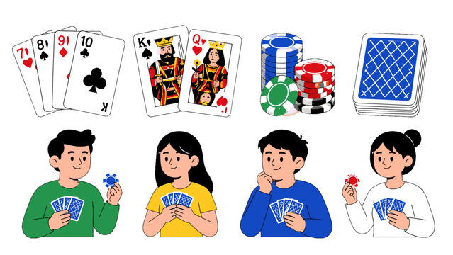 Cartoon poker players with cards and casino chips set