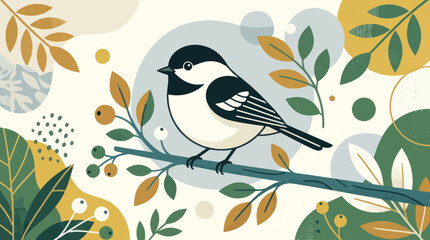 Cute Chickadee Bird Sitting on a Branch with Autumn Leaves and Berries © anis
