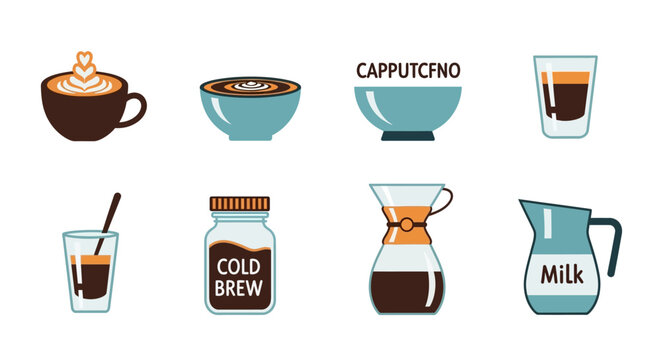 Coffee Drinks Collection: Latte Art, Cold Brew, Cappuccino, Chemex, Milk Pitcher