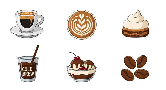 Coffee Icons: Espresso, Latte Art, Pastry, Cold Brew, Ice Cream, Beans