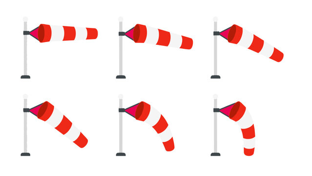 Set of red and white windsocks in different wind positions