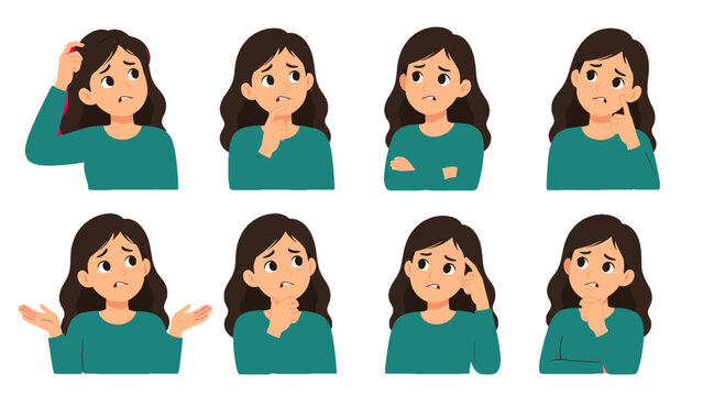 Set of worried woman poses with thinking and doubtful expressions