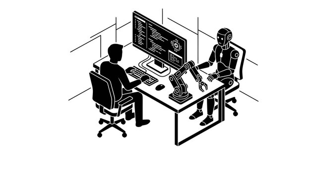 Human Programmer Collaborating with Robot Isometric Vector
