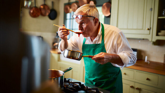 Meticulous senior home cook critically fine-tuning the flavor balance of a simmering culinary reduction.