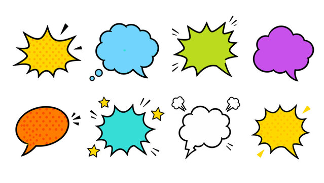 Colorful comic speech bubbles and starburst pop art set