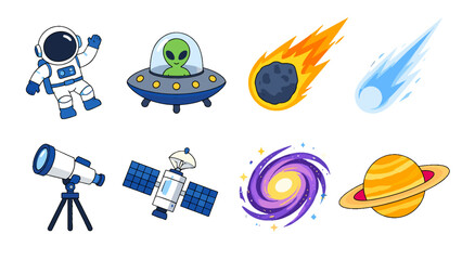 Cartoon space icon set with astronaut, alien, planet and galaxy © Alan