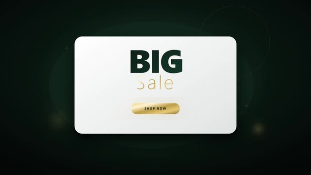 Big sale announcement with golden shop now button on dark green background shopping