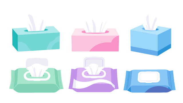 Set of tissue boxes and wet wipes packages in pastel colors