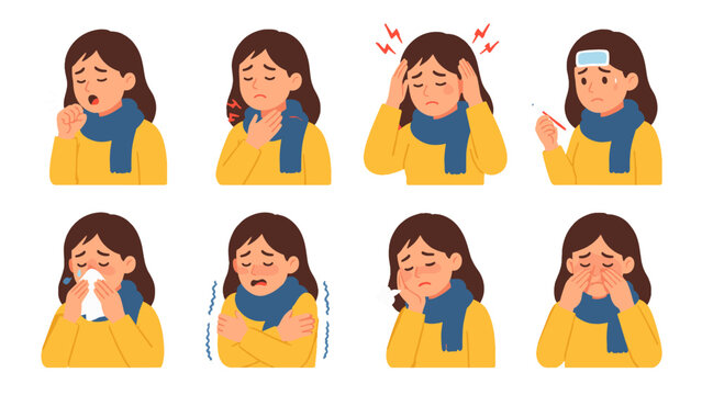 Woman with cold and flu symptoms set in flat vector style