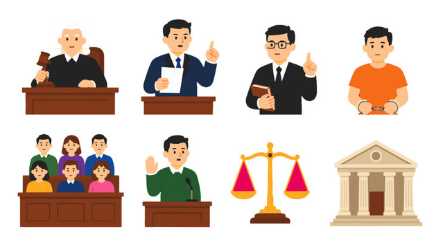 Courtroom and justice system icons with judge, lawyer, jury and scales