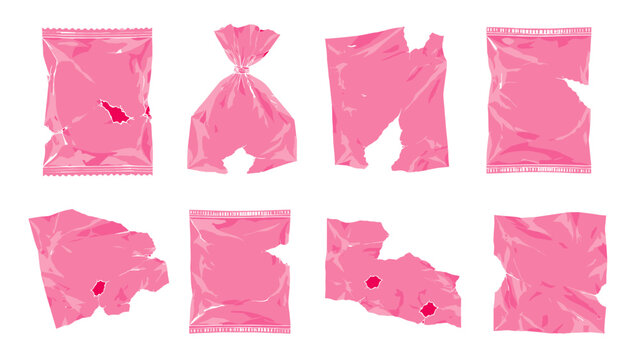 Set of torn pink plastic packaging wrappers isolated on white