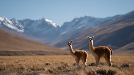 Obraz premium Two wild animals with long necks stand in a vast, arid landscape under a clear blue sky, majestic snow-capped mountains in the background