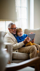 Obraz premium Tech-savvy grandfather experiencing the contagious, explosive joy of his energetic grandson triggered by a hilariously unexpected moment in a shared tablet game