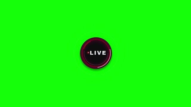 Circular live streaming button with animated glow on green screen background