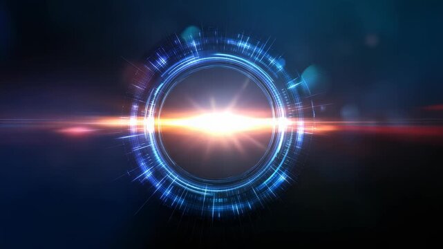 A vibrant digital illustration of a luminous energy portal with dynamic light effects and technological patterns. The sci fi inspired design features glowing blue and orange hues in a cosmic setting