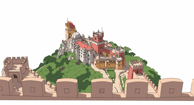 A whimsical cartoon castle complex rises above green hills, bordered by a fortress wall