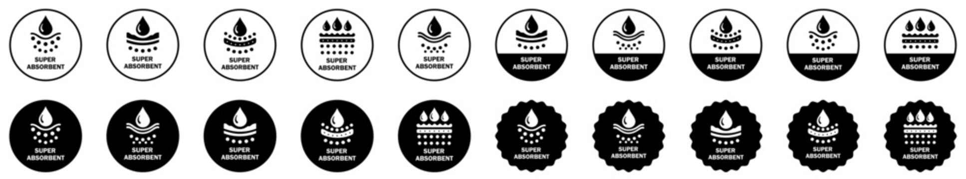 Super absorbent icon set featuring water absorption, moisture control, liquid retention, droplet management, dry surface, hygiene, protection and absorbency symbols. vector, icons
