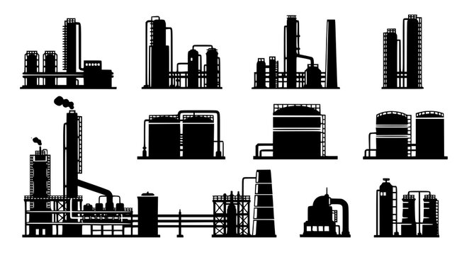 Set of oil and gas refinery facility silhouettes with pipelines and storage tanks for industrial energy and chemical production design